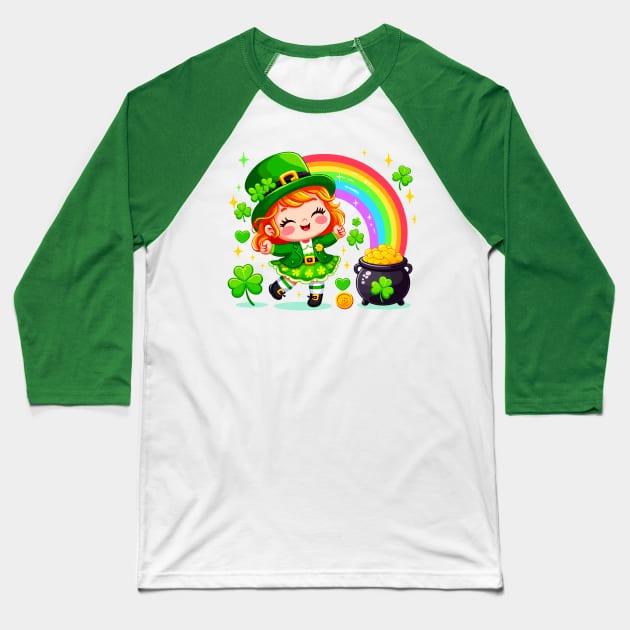 A cute Irish Lassie dancing an Irish jig celebrates St Patrick's Day with a rainbow pot of gold and shamrocks Irish Pride Irish American four leaf clovers Irish dance Baseball T-Shirt by Tees 4 Thee